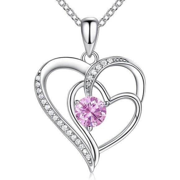 Birthstone Heart Necklace for Women 18K White Gold Silver Cubic Zirconia Gift - Picture 1 of 6